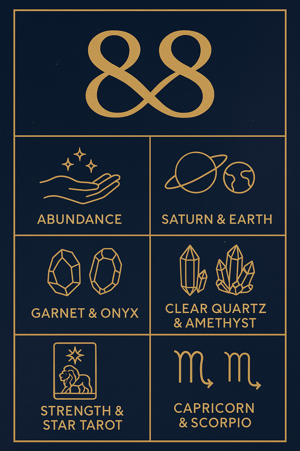 Infographic showing key attributes of angel number 88 including colors, stones, tarot cards and zodiac signs