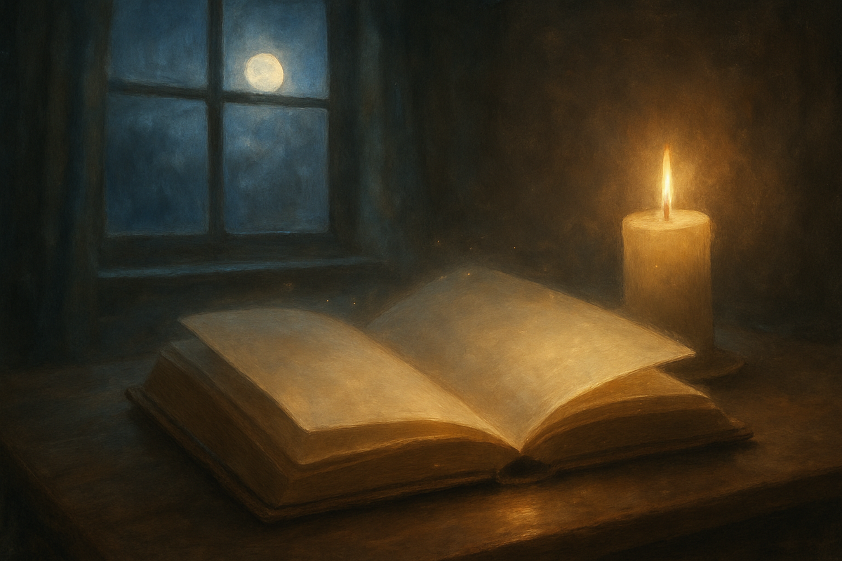 Candlelit journal and moonlight representing dreams and intuition tied to 0707
