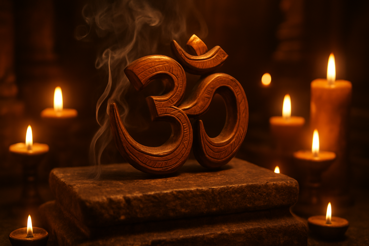 Wooden Om symbol on a candlelit stone altar with incense smoke