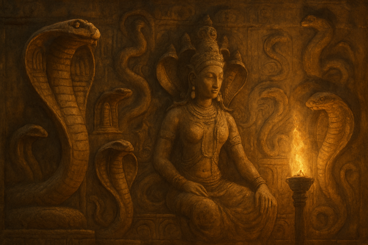 Ancient carved temple imagery depicting sacred serpent symbolism from Egyptian and Hindu traditions