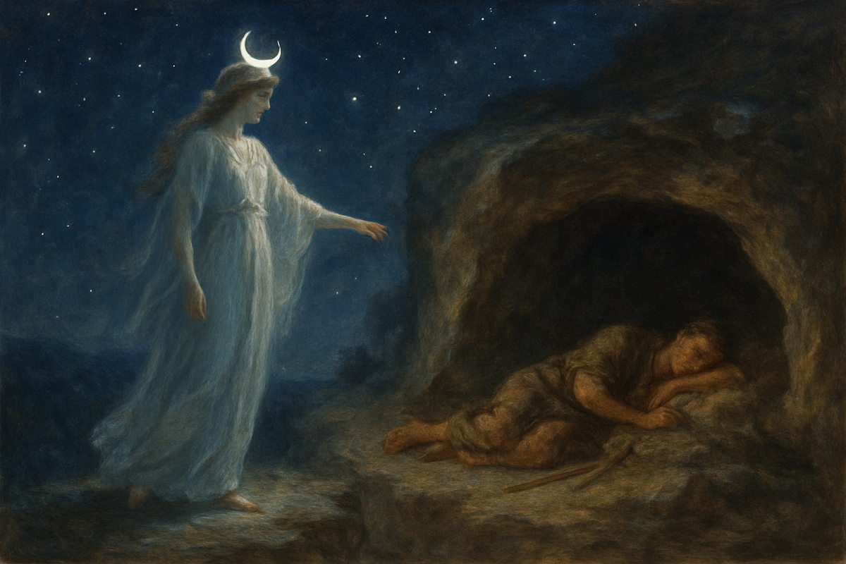 Selene the moon goddess watching over Endymion asleep in a moonlit cave
