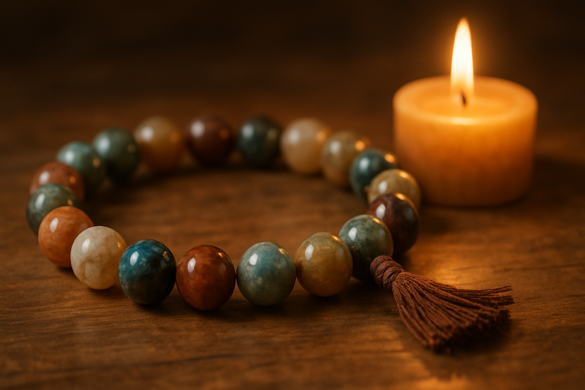 Gemstone beaded mala bracelet resting near a candle
