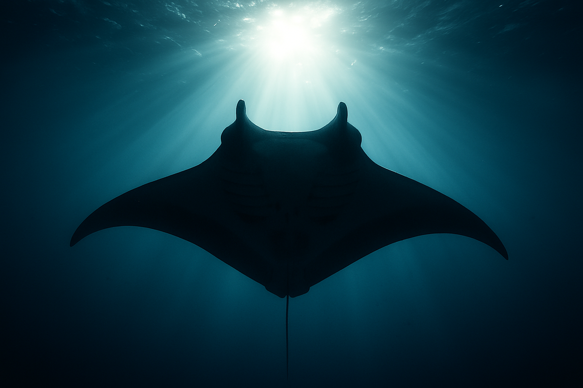 Silhouette of a manta ray swimming overhead against sunlight breaking through the ocean surface