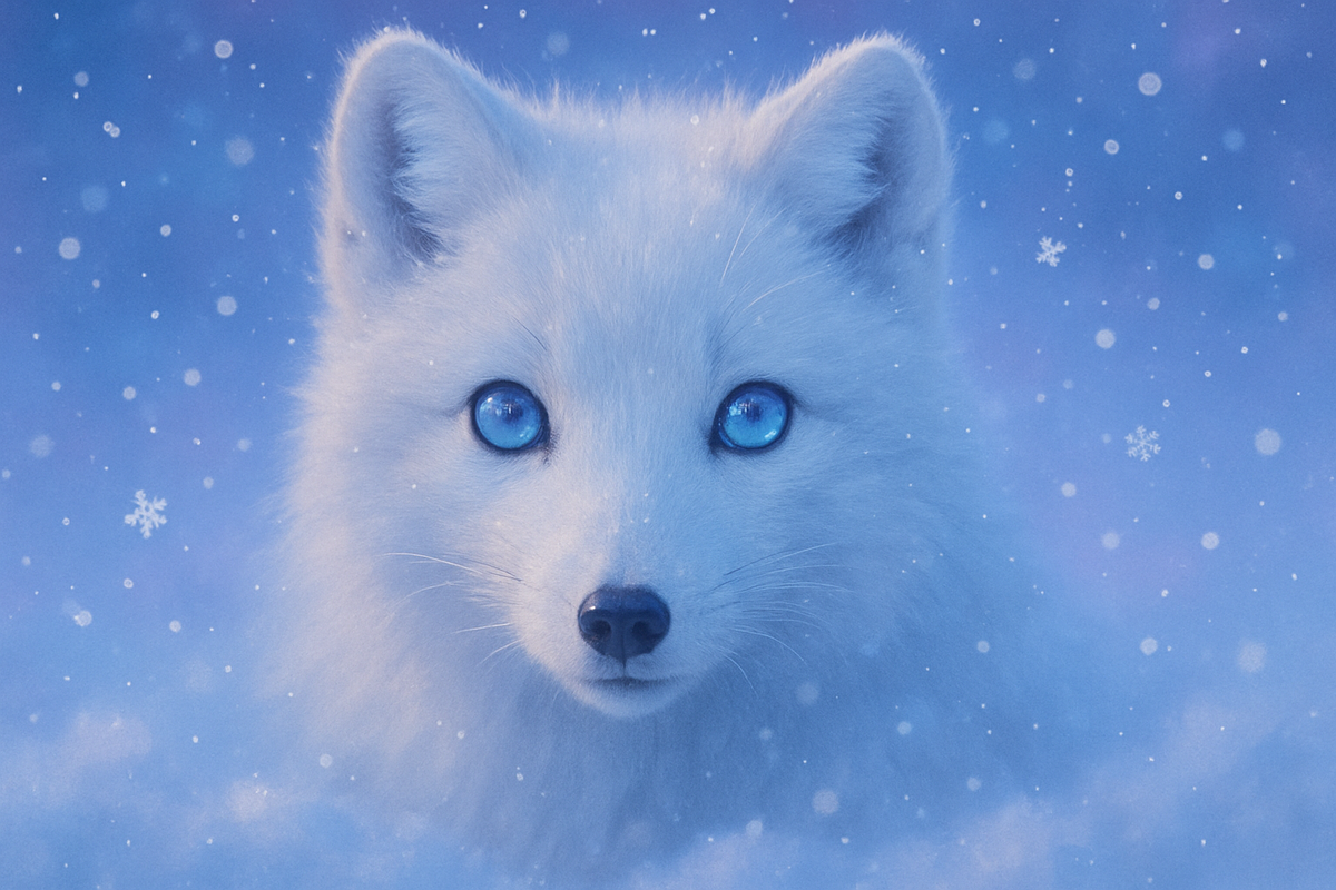 A white arctic fox emerging from falling snow at twilight