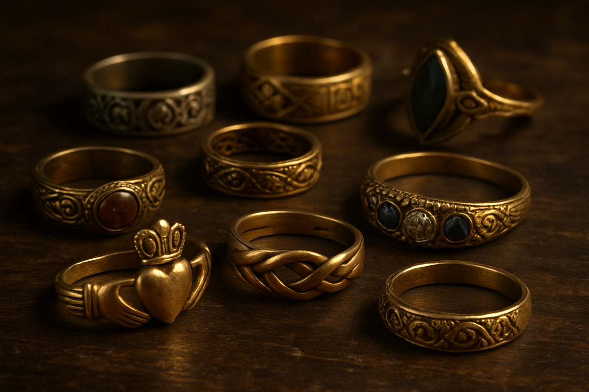 Collection of historic engagement rings from different cultures including Claddagh and puzzle ring styles
