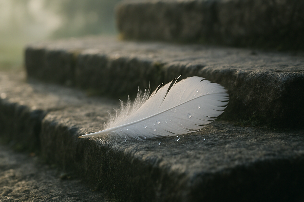 A white feather resting on stone steps in soft morning light