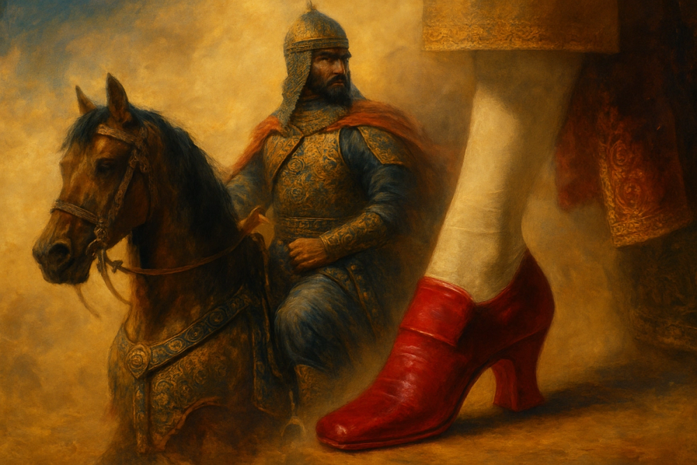 Persian warrior's high-heeled boot and European red heel shoe