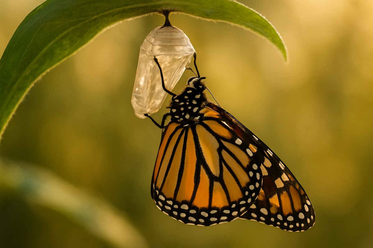Monarch butterfly emerging from its chrysalis, symbolizing transformation and change
