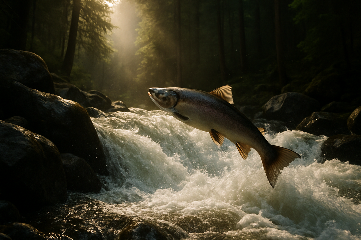 A salmon leaping upstream through a rushing river current