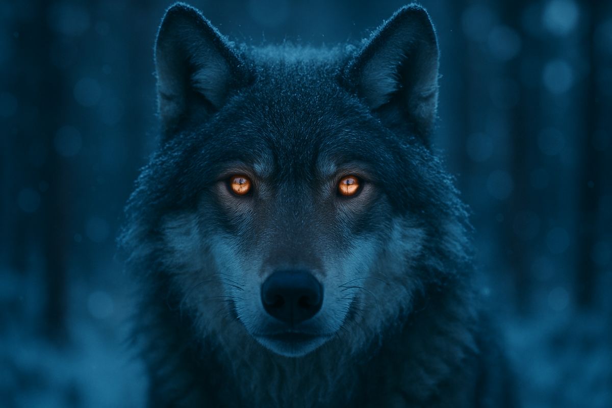 Close-up of a wolf's glowing amber eyes in a snowy twilight forest