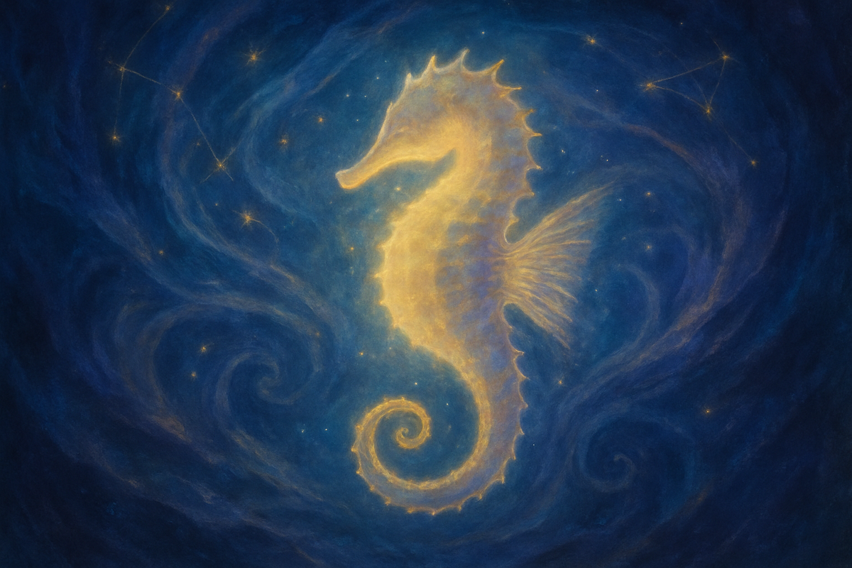 Glowing seahorse spirit animal surrounded by swirling ocean currents and stars