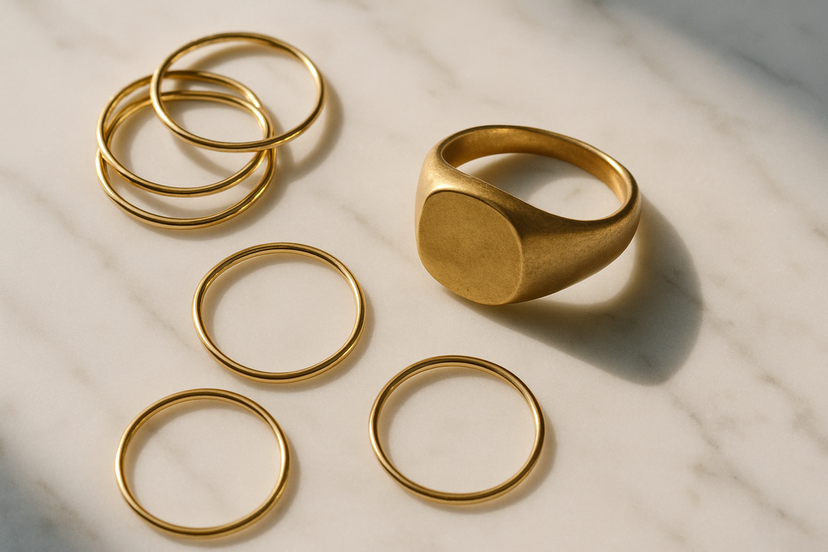 Stacked gold rings and a vintage signet ring on marble surface