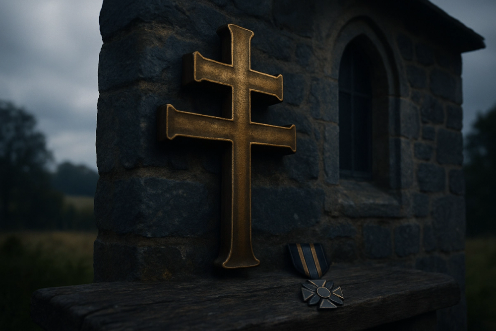 Cross of Lorraine on an ancient stone wall