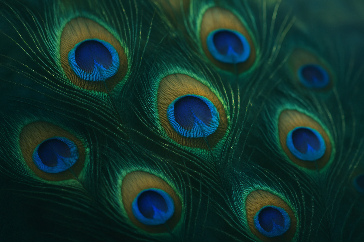 Close-up of vibrant peacock feathers showing eye-like patterns in emerald and sapphire hues