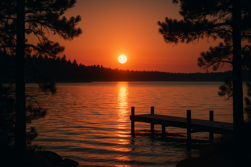 Golden sunset over a tranquil lake symbolizing memory and renewal