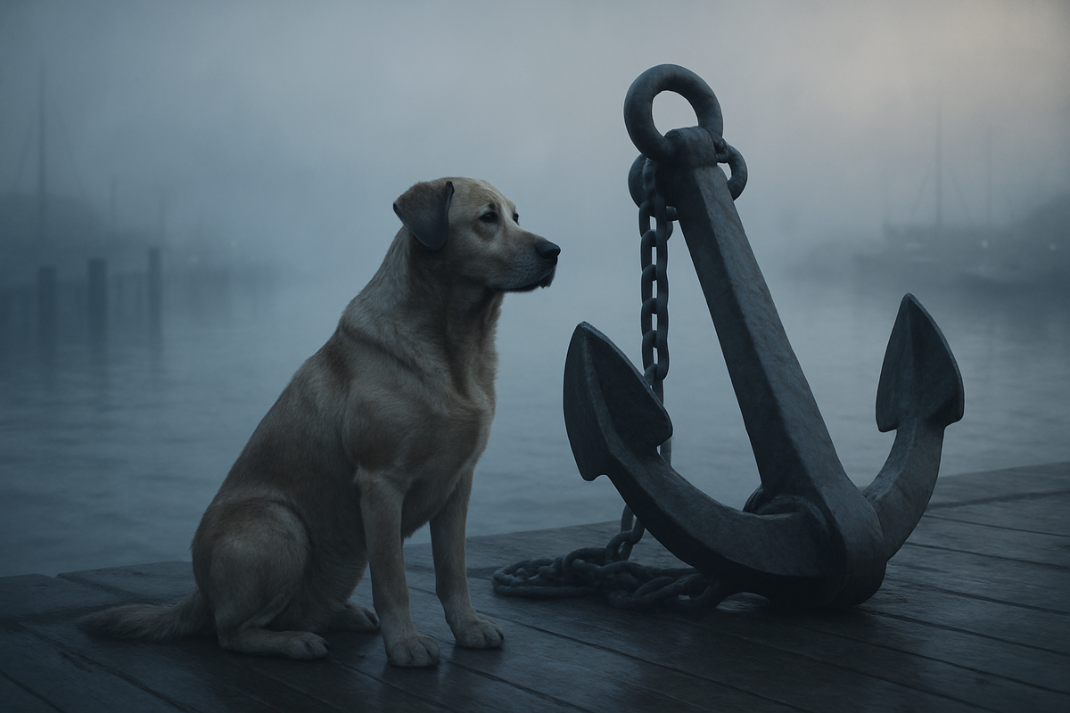 Dog sitting beside an anchor on a foggy dock representing loyalty