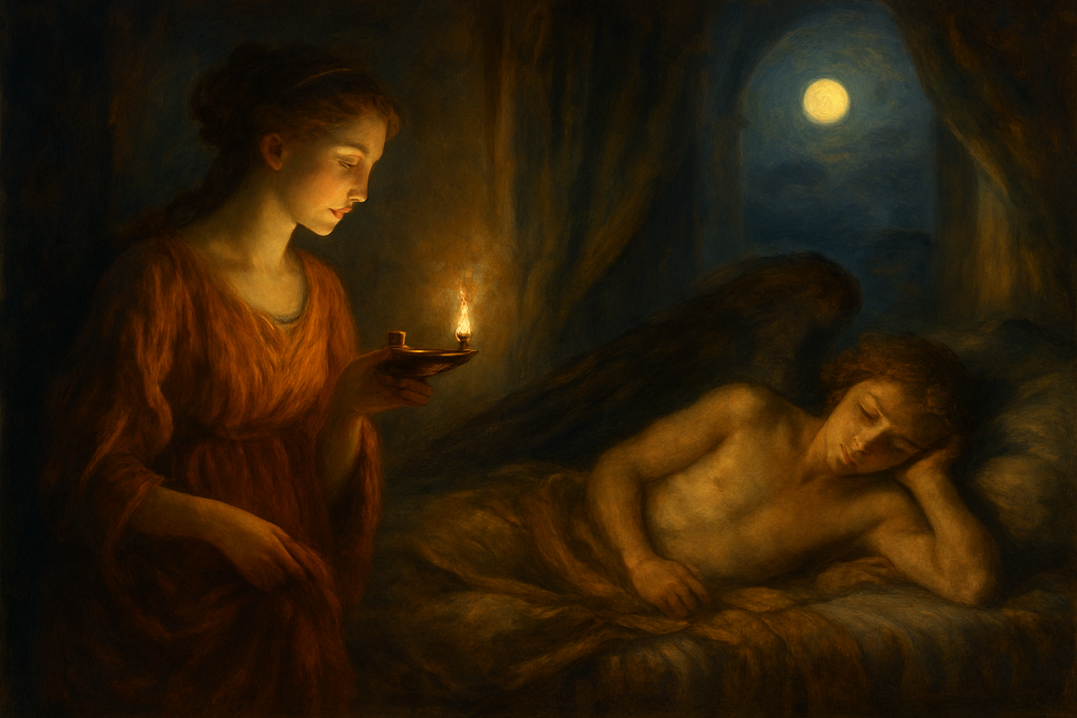 Psyche discovering the sleeping god Eros by lamplight