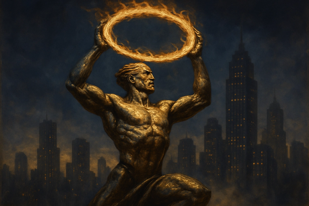 Gilded bronze statue of Prometheus holding fire aloft against a city skyline