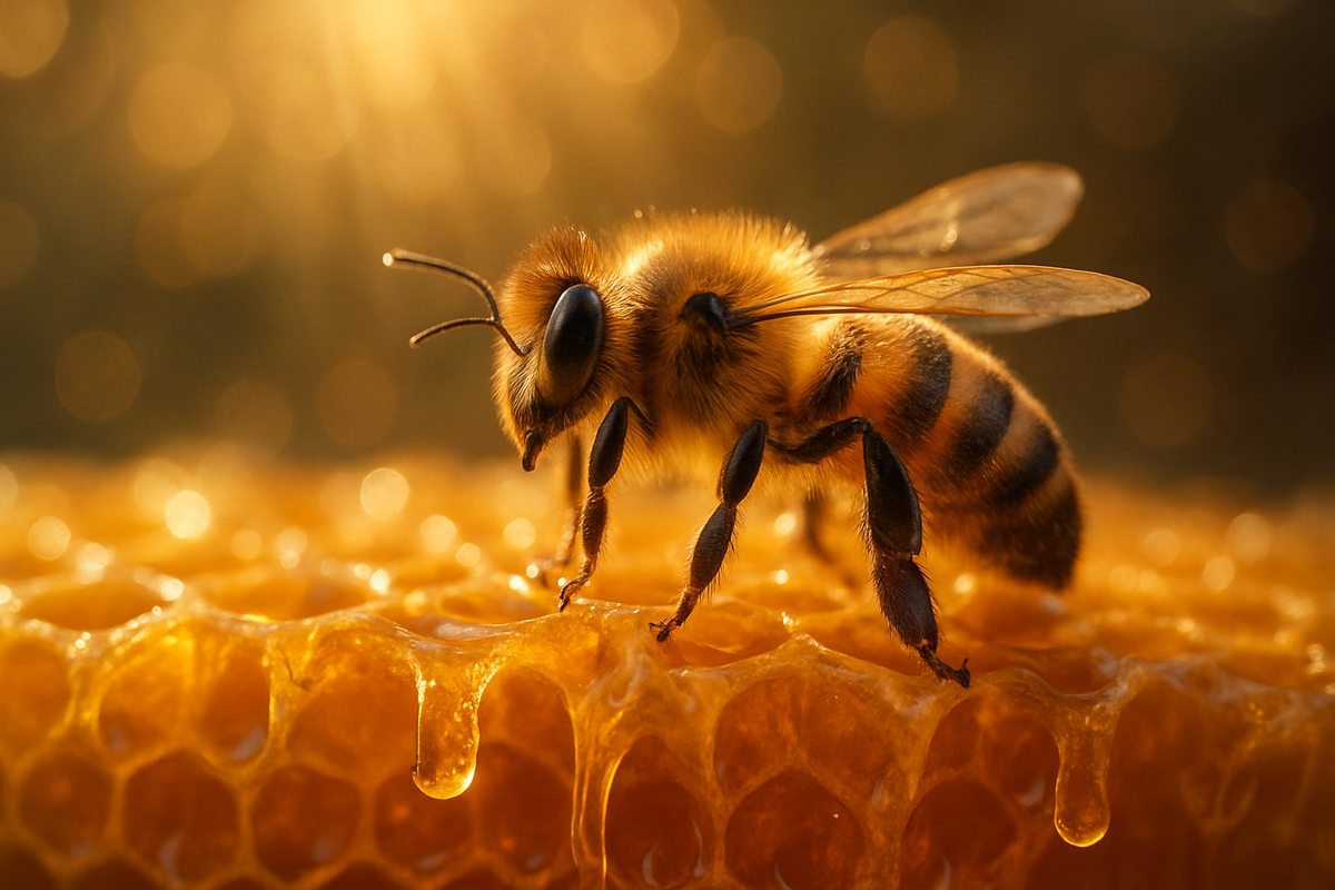 Honeybee resting on a golden honeycomb dripping with honey