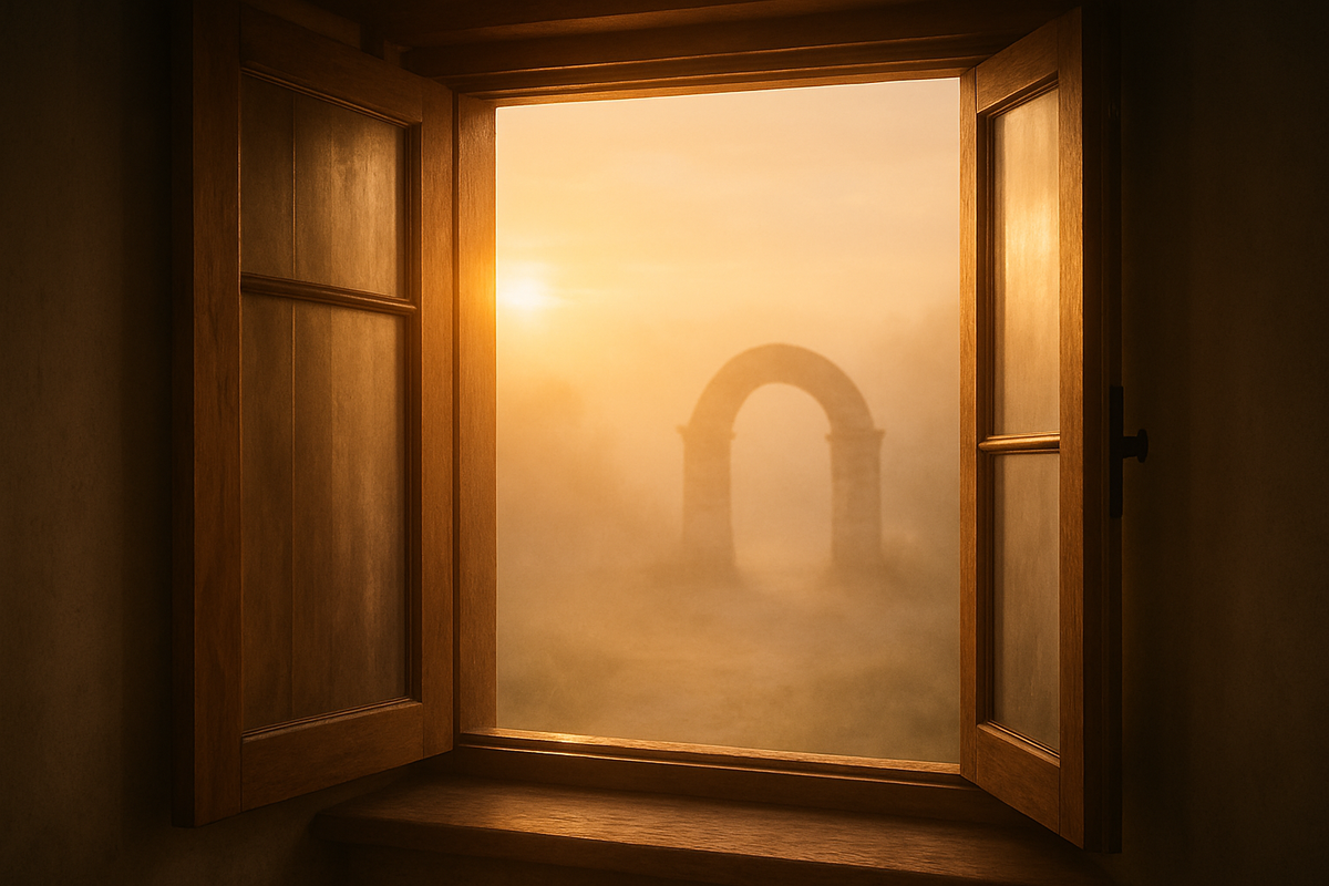 Golden dawn light streaming through an open window symbolizing spiritual foundation and new potential