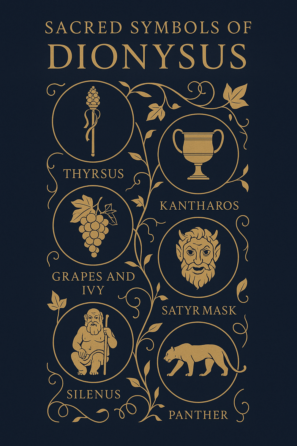 Infographic of Dionysus symbols: thyrsus, kantharos, ivy, satyr, silenus, panther