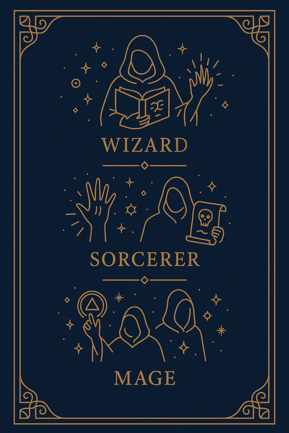 Infographic comparing wizards, sorcerers, warlocks, and mages