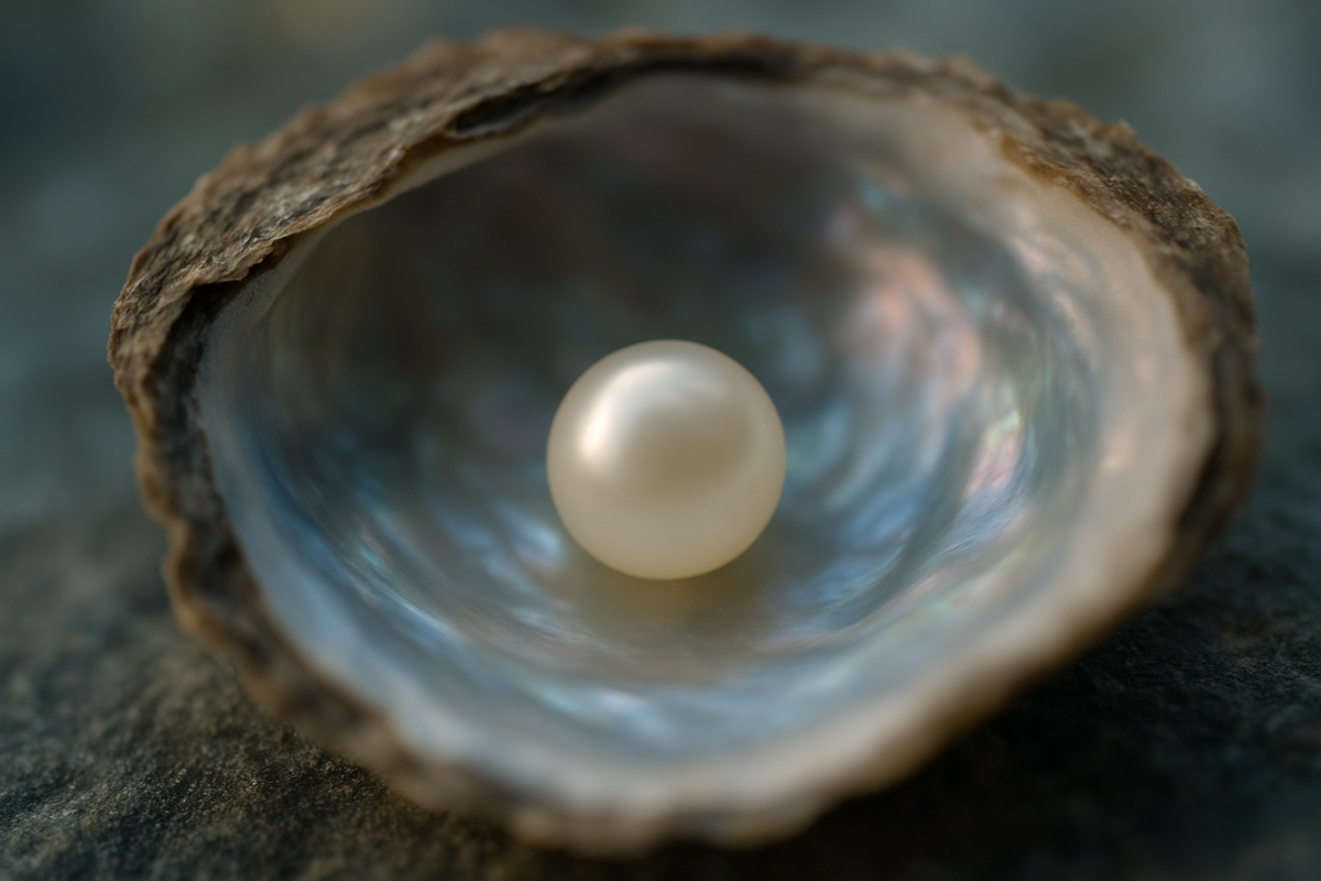 Close-up of a pearl inside an open oyster shell showing iridescent nacre