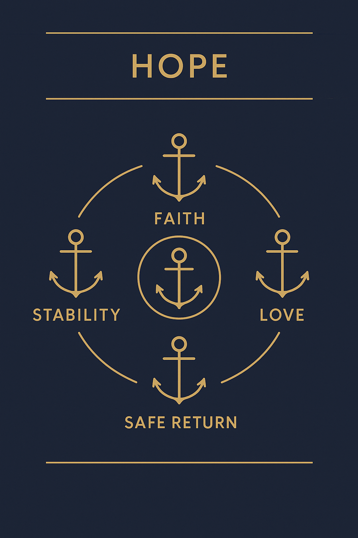 Infographic showing five core meanings of the anchor symbol: hope, faith, stability, love, safe return