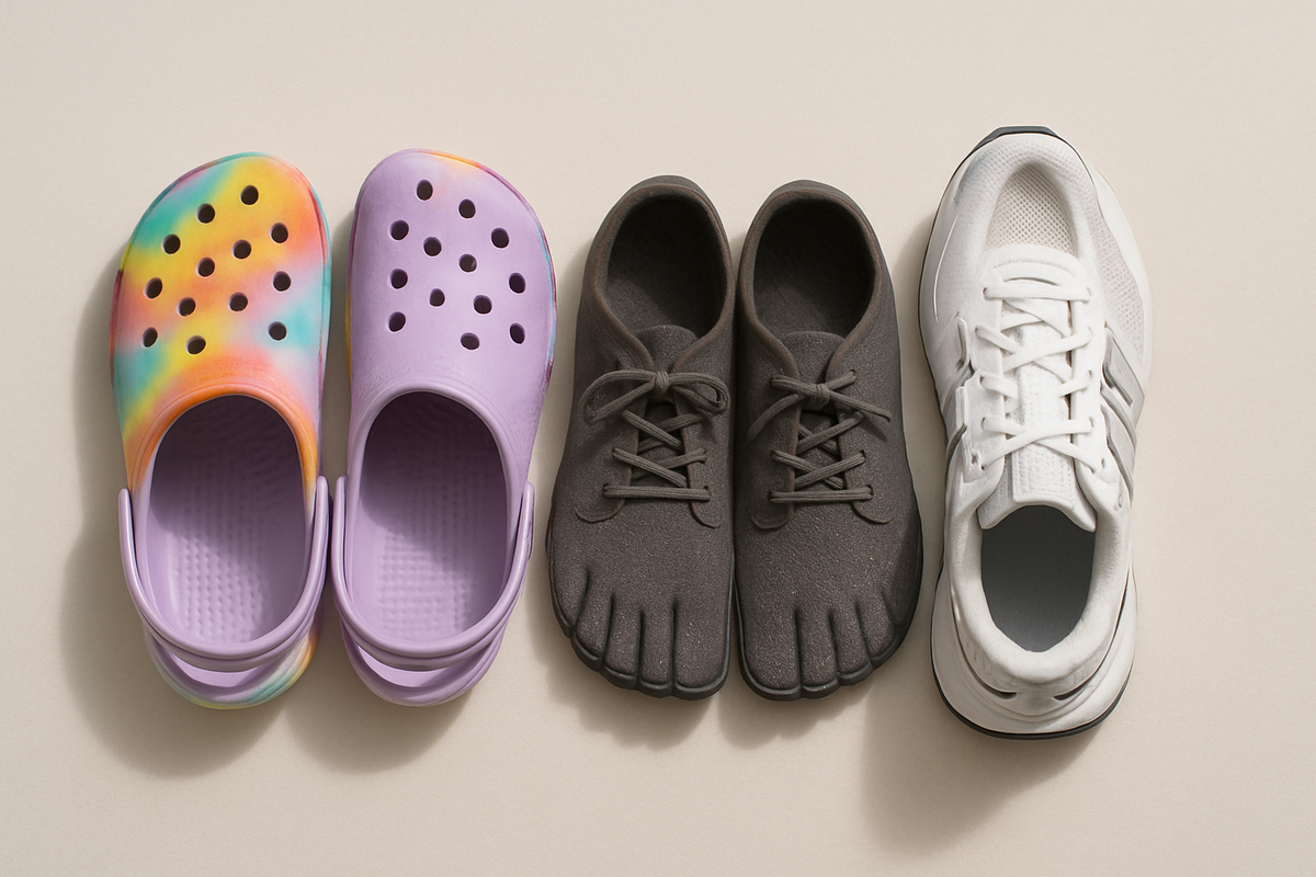 Modern footwear including Crocs, minimalist shoes, and sports sneakers