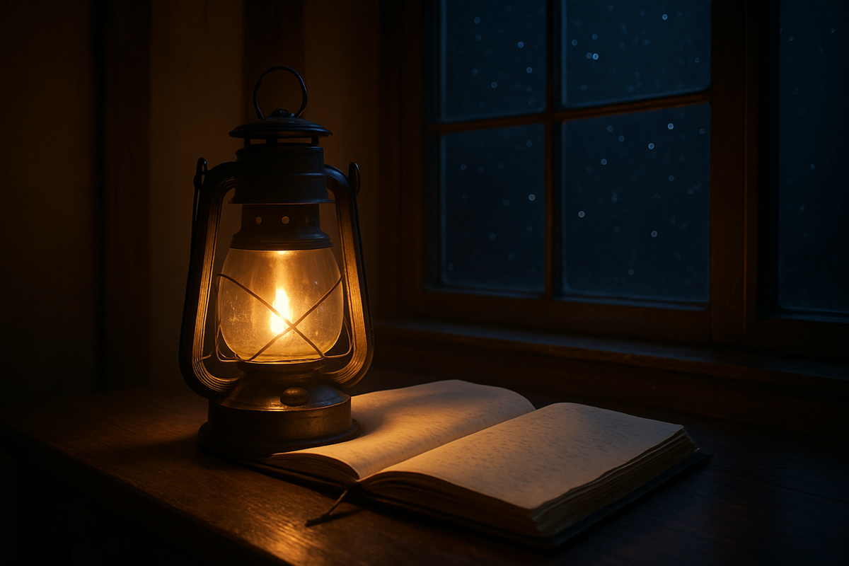 Glowing lantern beside an open journal representing reflection and intention setting
