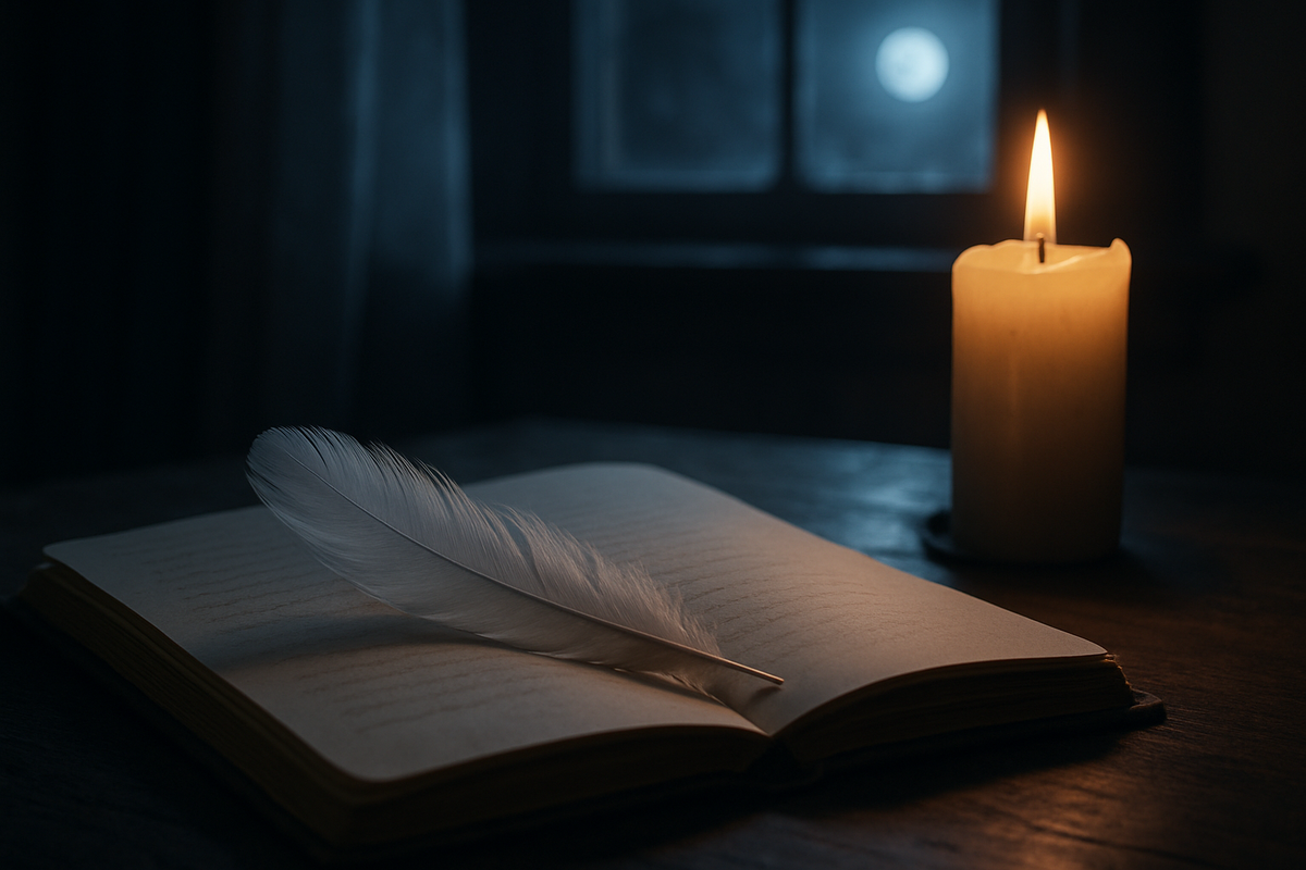 White feather resting on an open journal beside a lit candle in moonlight