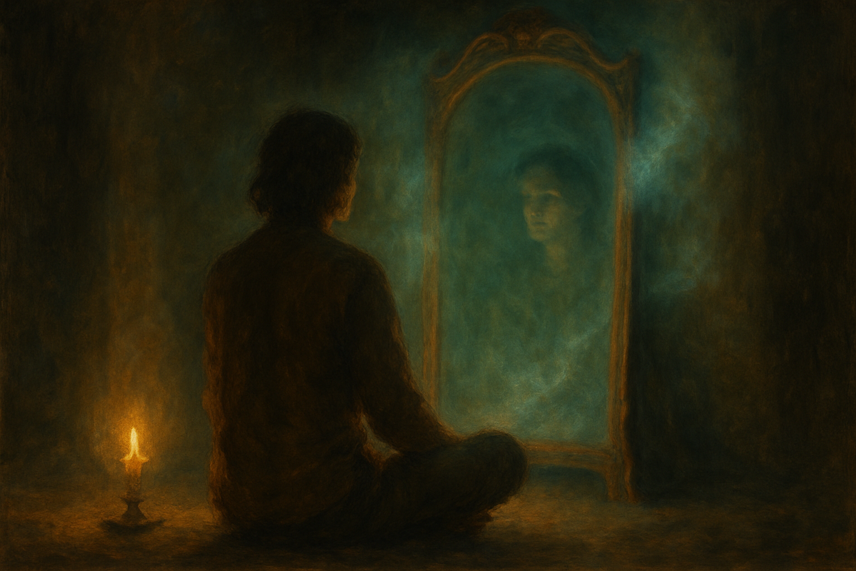 Person meditating in front of an antique mirror in candlelight