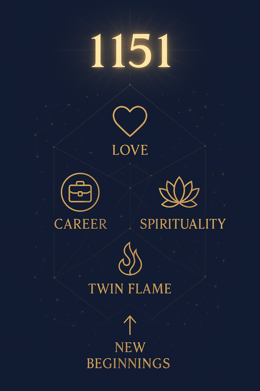 Infographic showing the meaning of angel number 1151 across love, career, spirituality, and twin flame connections