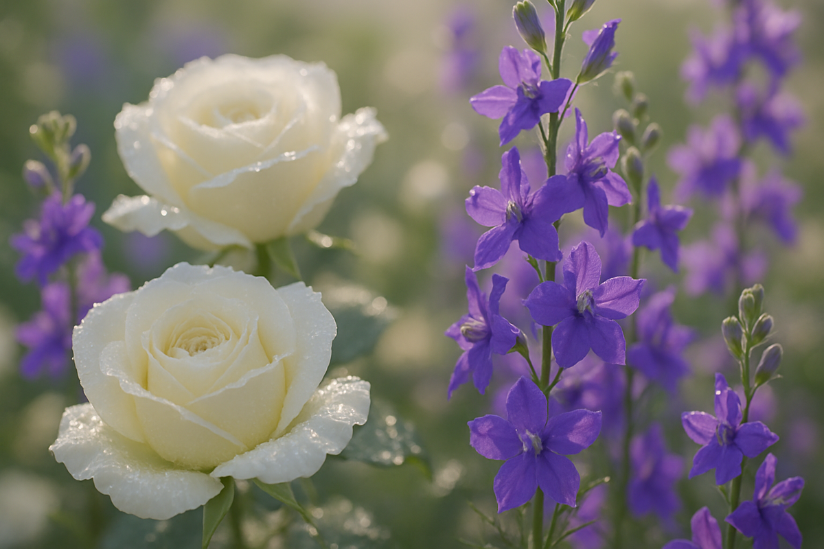 White roses and larkspur flowers symbolizing integrity and honesty
