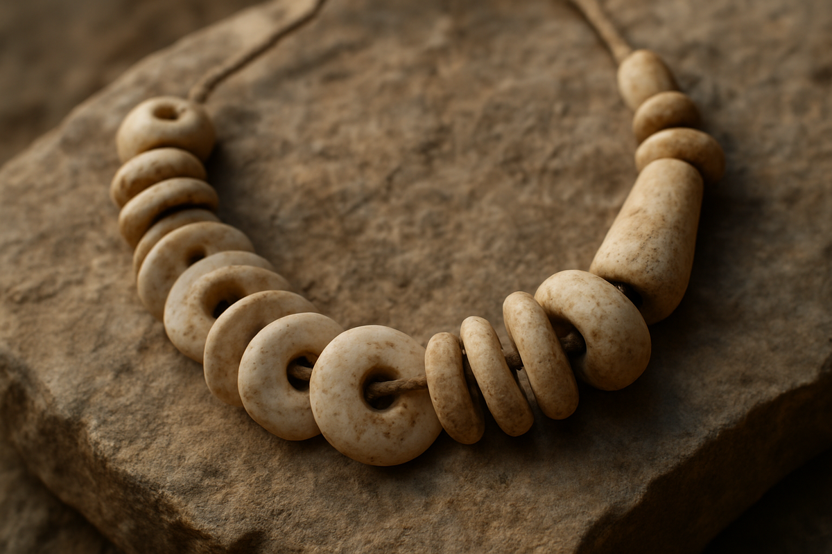 Ancient shell and bone bead necklace representing early human jewelry