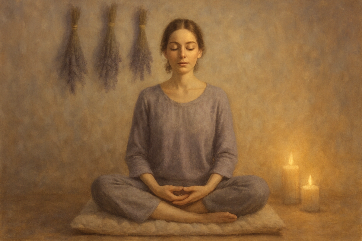Person meditating in a room decorated with hanging dried lavender bundles