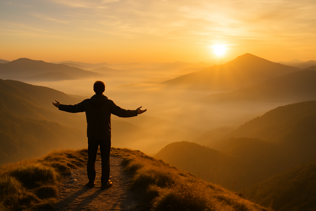 A person greeting the sunrise on a mountain ridge bathed in golden light