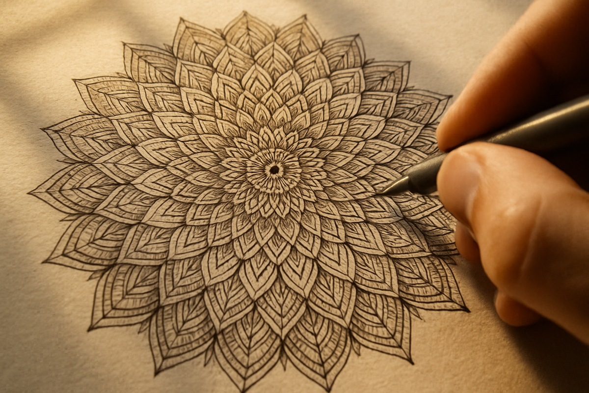 Hand drawing an intricate symmetrical mandala pattern radiating from a central point