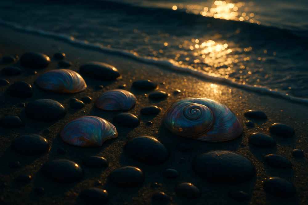 Seashells and waves on a sunlit summer beach