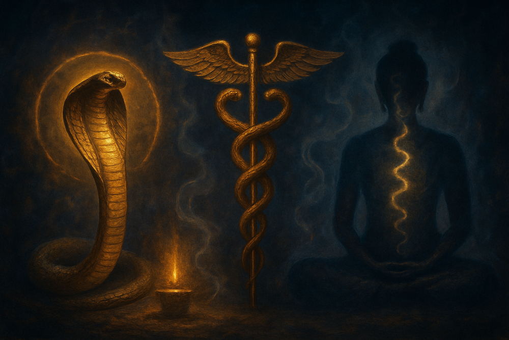 Symbolic depiction of snake meaning across Egyptian, Greek, and Hindu traditions