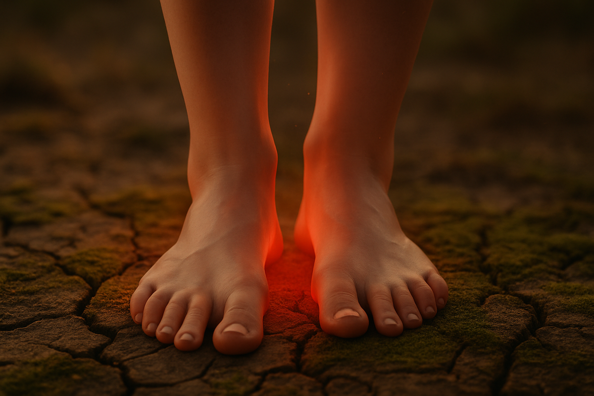 Bare feet grounded on earth with a subtle red glow symbolizing the root chakra