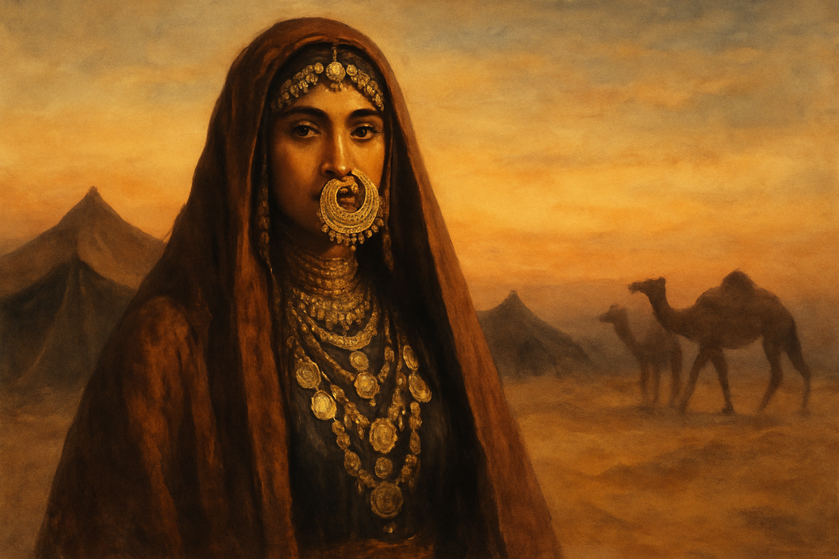 Bedouin bride wearing a traditional gold nose ring symbolizing her dowry