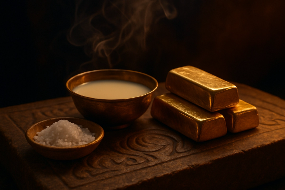 Ritual objects representing ancient gold cleaning traditions from Egypt, India, and China