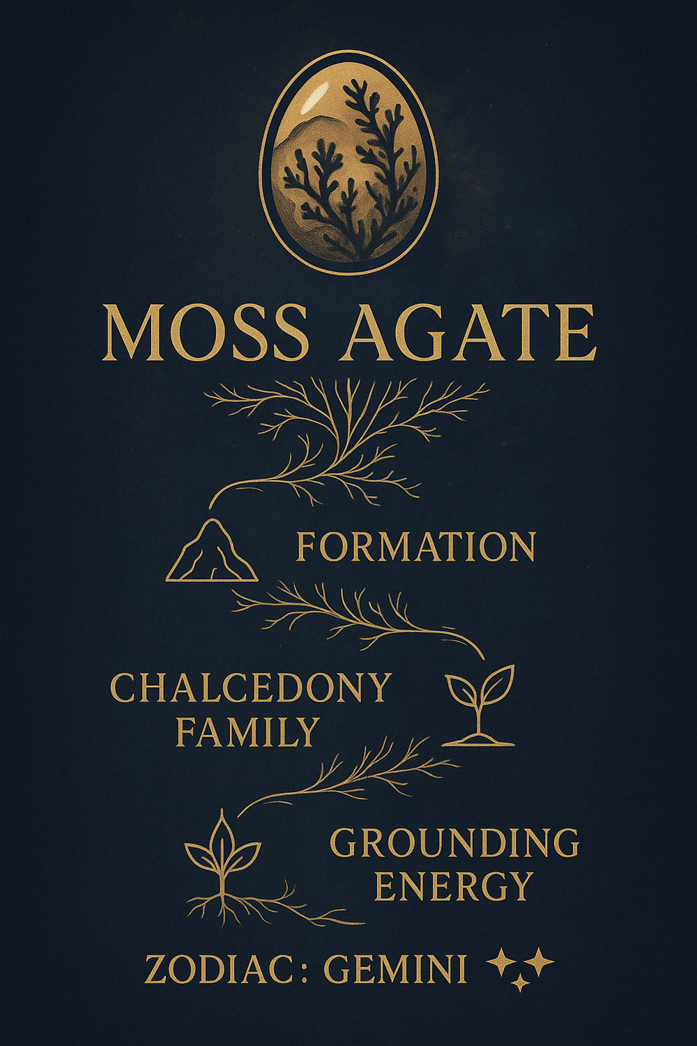 Moss agate meaning infographic showing formation, properties and symbolism