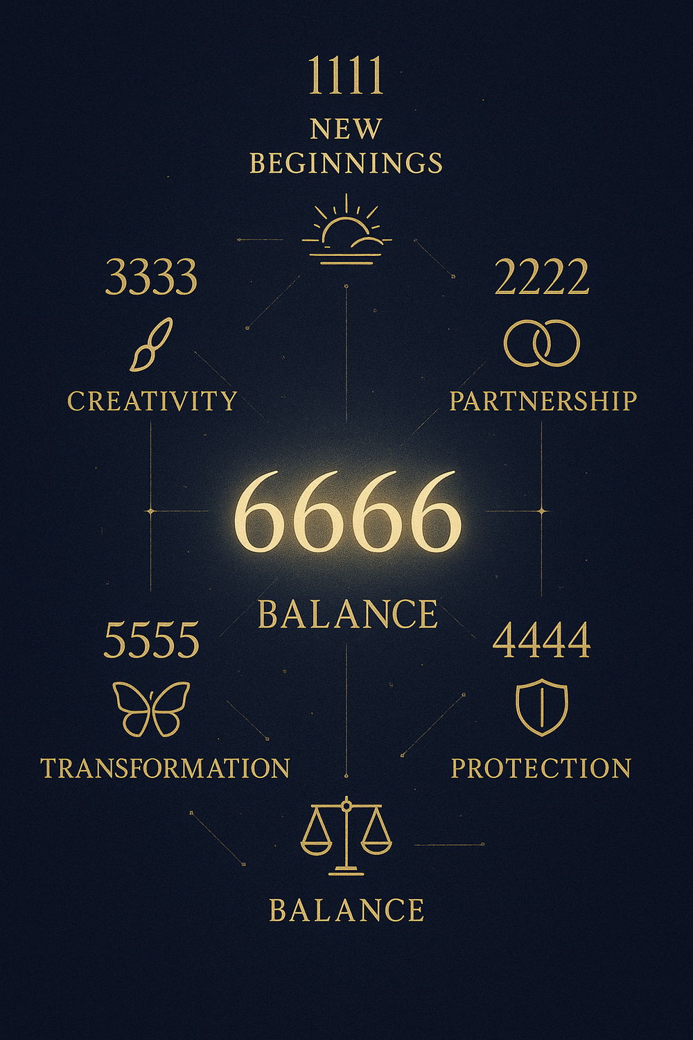 Comparison infographic of quadruple angel numbers 1111 to 6666 meanings