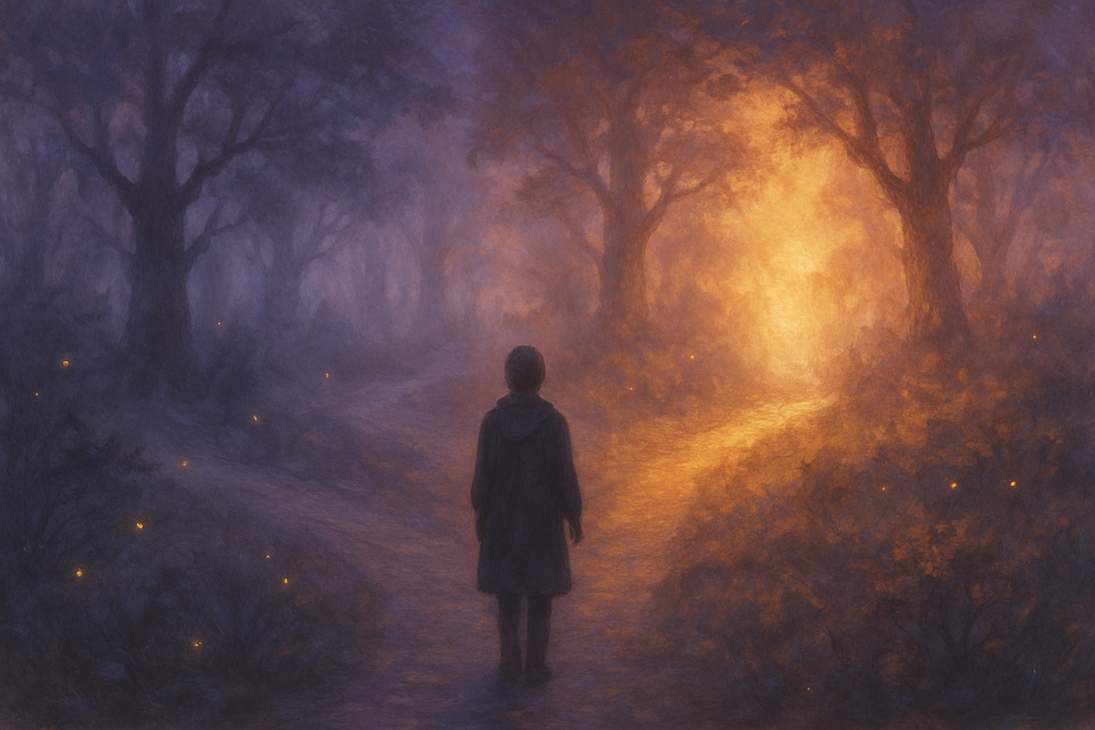 A figure standing at a glowing forked path in a mystical forest representing life transformation and choice