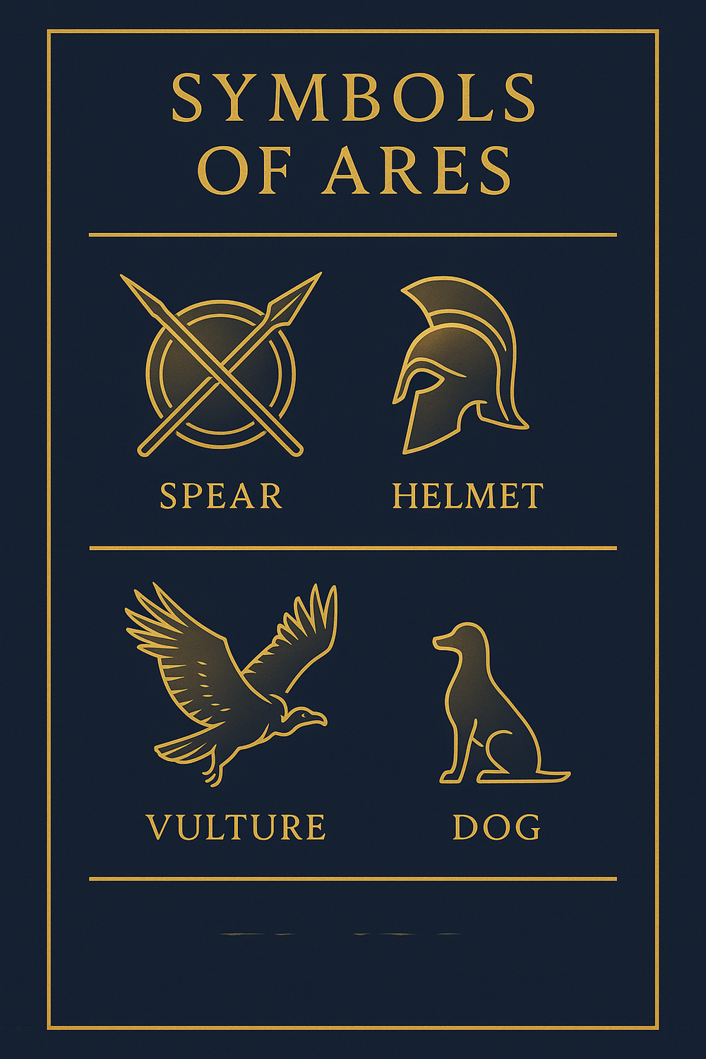 Infographic of Ares' symbols: spear, shield, helmet, vulture, and dog