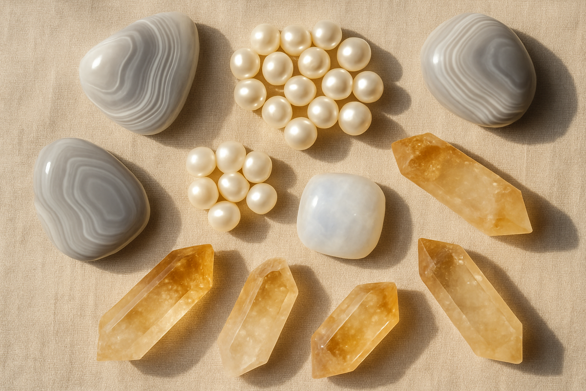 Gemini birthstones including agate, pearl, moonstone, and citrine displayed together