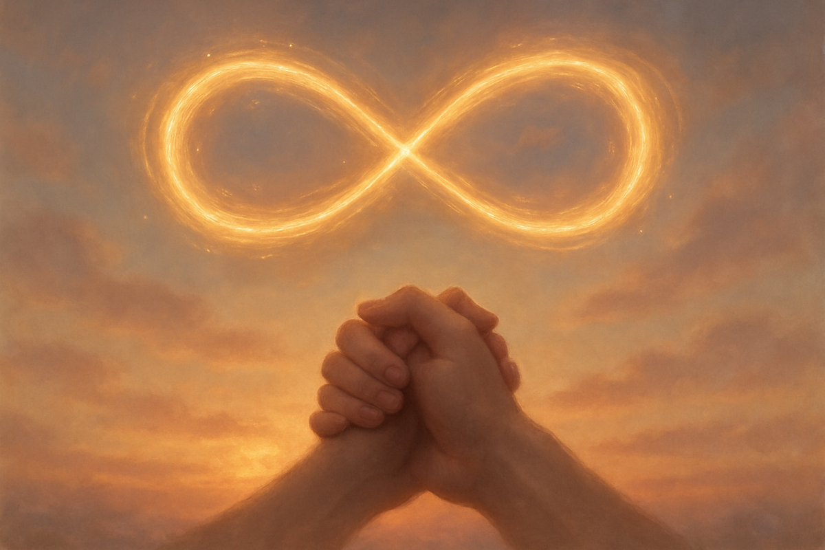 Two glowing light trails symbolizing a twin flame connection reuniting