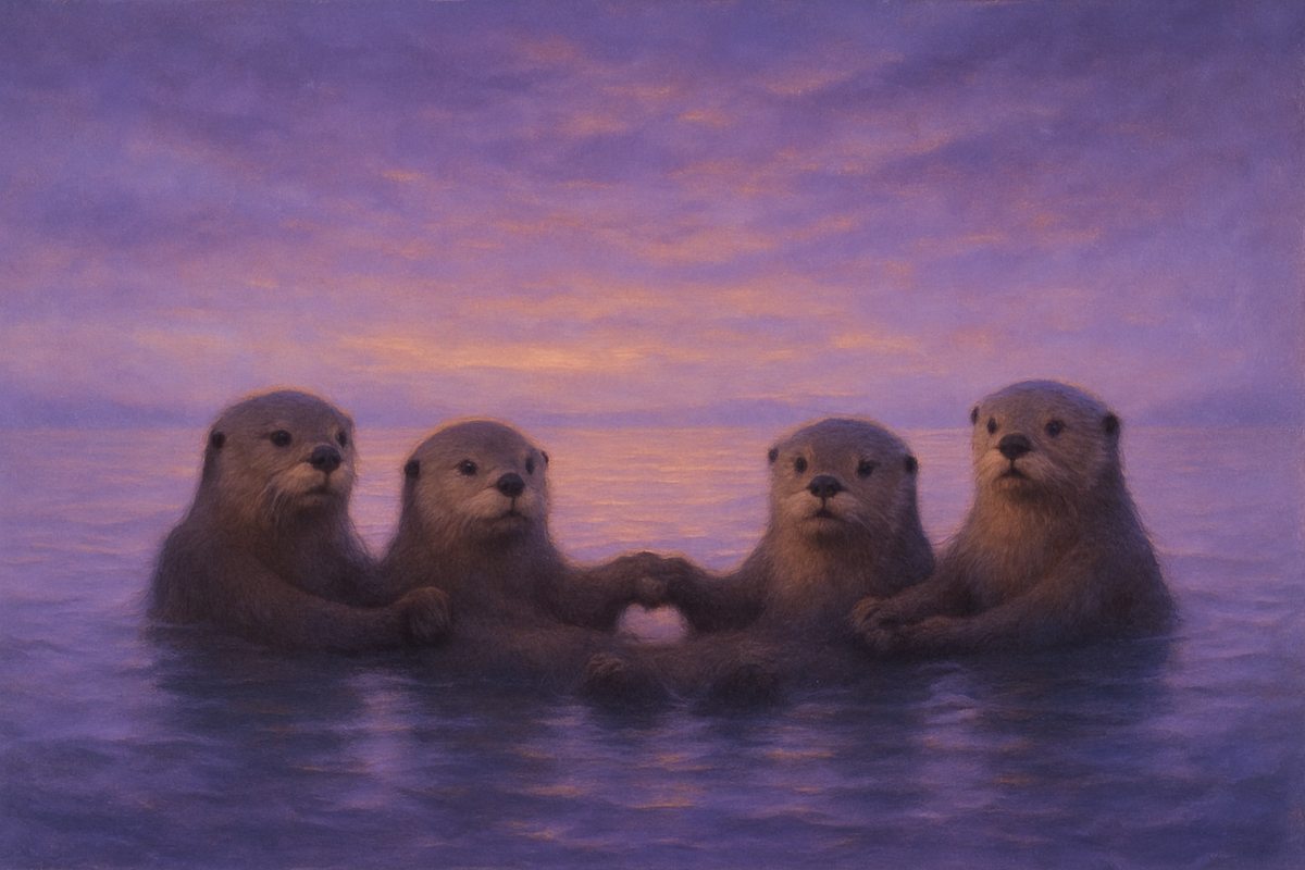 Group of otters floating together holding paws at sunset, symbolizing community and connection